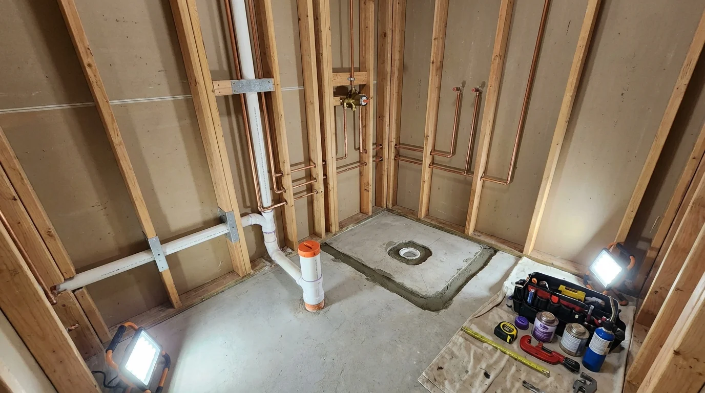 Bathroom rough-in plumbing during remodel by Johns Plumbing LLC in Ford City