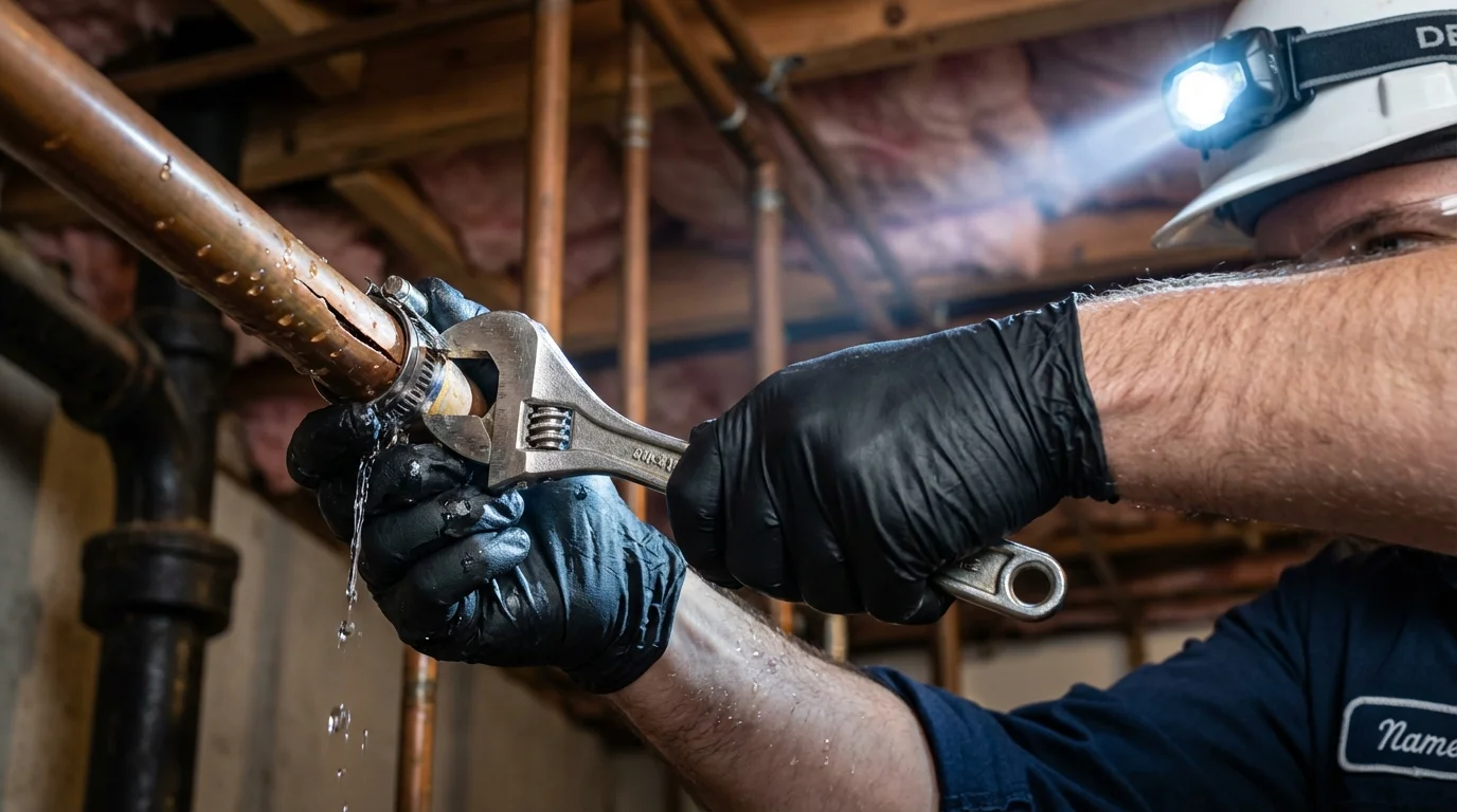 Emergency pipe clamp repair being performed by a Johns Plumbing LLC plumber in Ford City