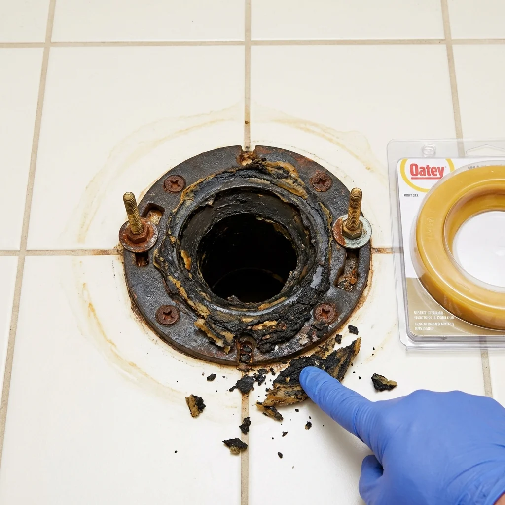 Failed wax ring showing water seepage at the base of a toilet in a Ford City, PA home