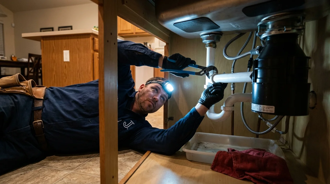 P-trap and supply line connections under a kitchen sink showing a common leak point in Ford City, PA